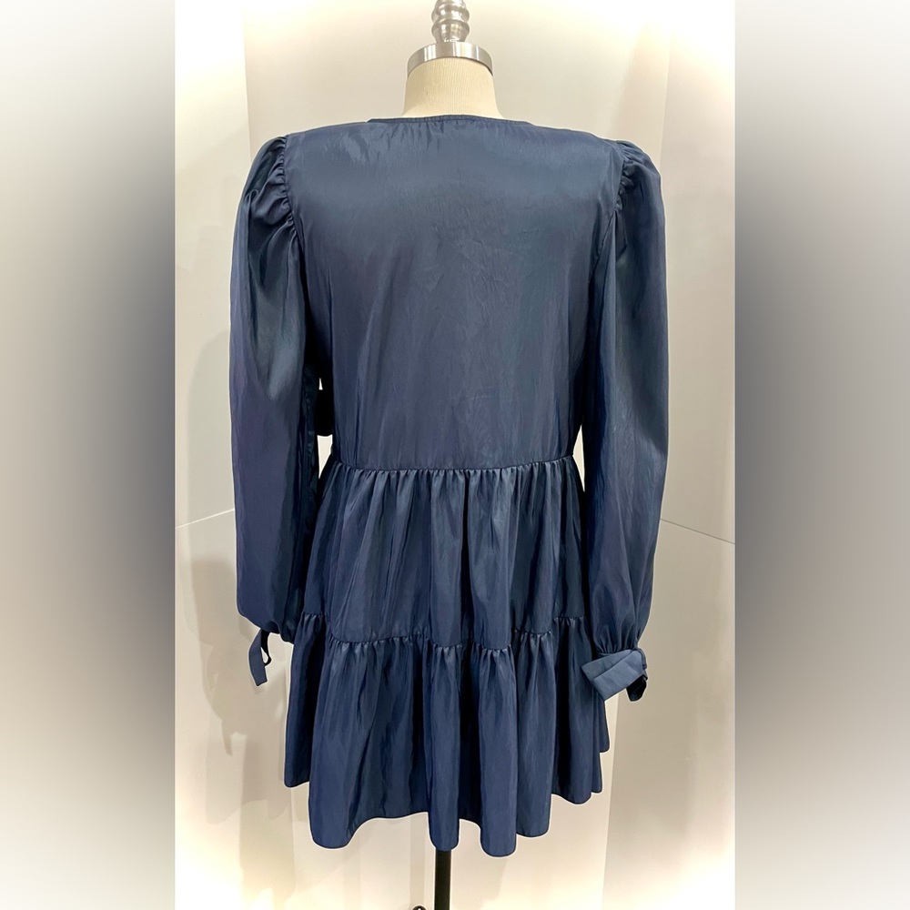 ASOS Design Wrap Front Smock Mini Dress in Navy Blue Taffeta, Size 12 - Picture 4 of 10